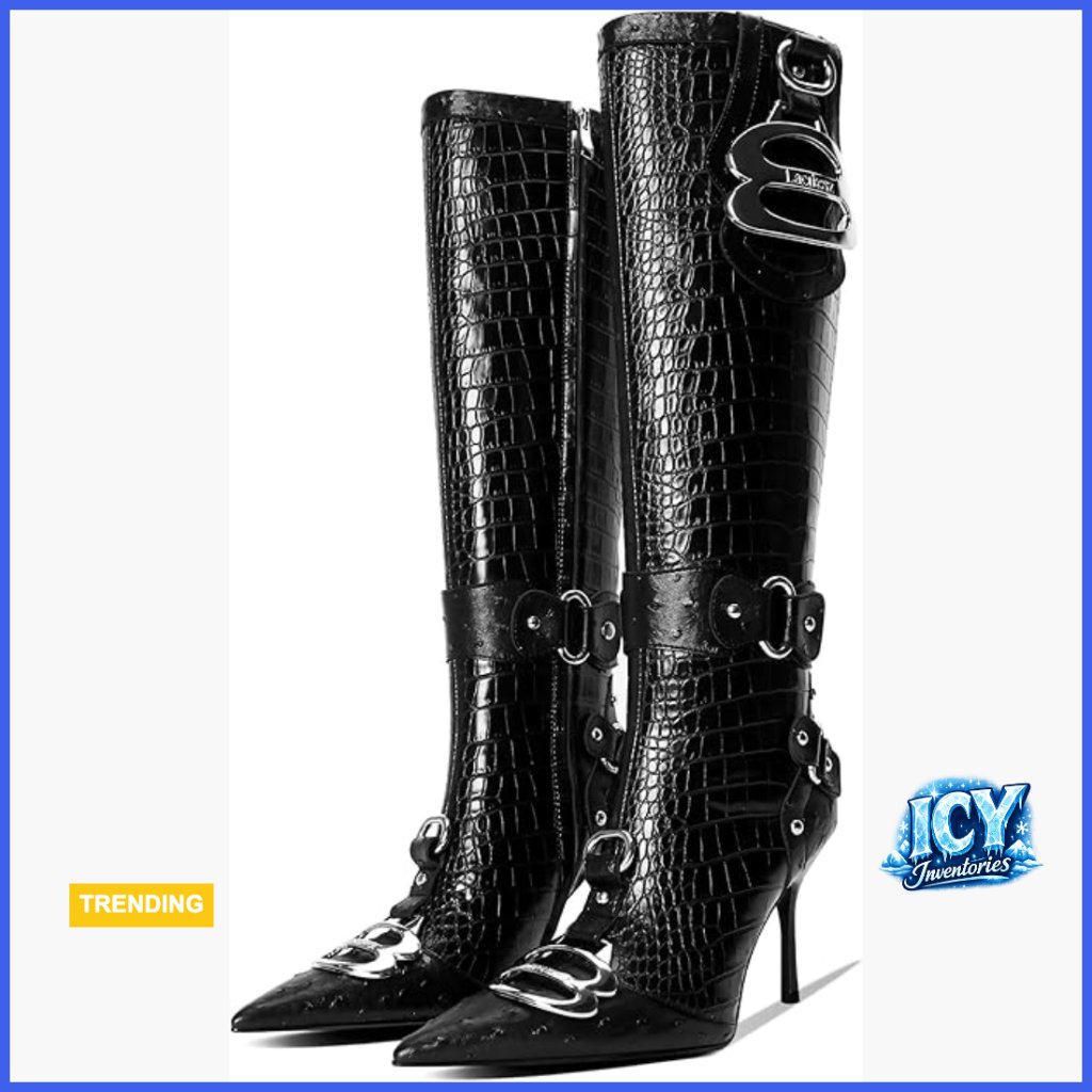 Knee High Crocodile Boots Pointed Toe Stiletto Heel Faux Leather